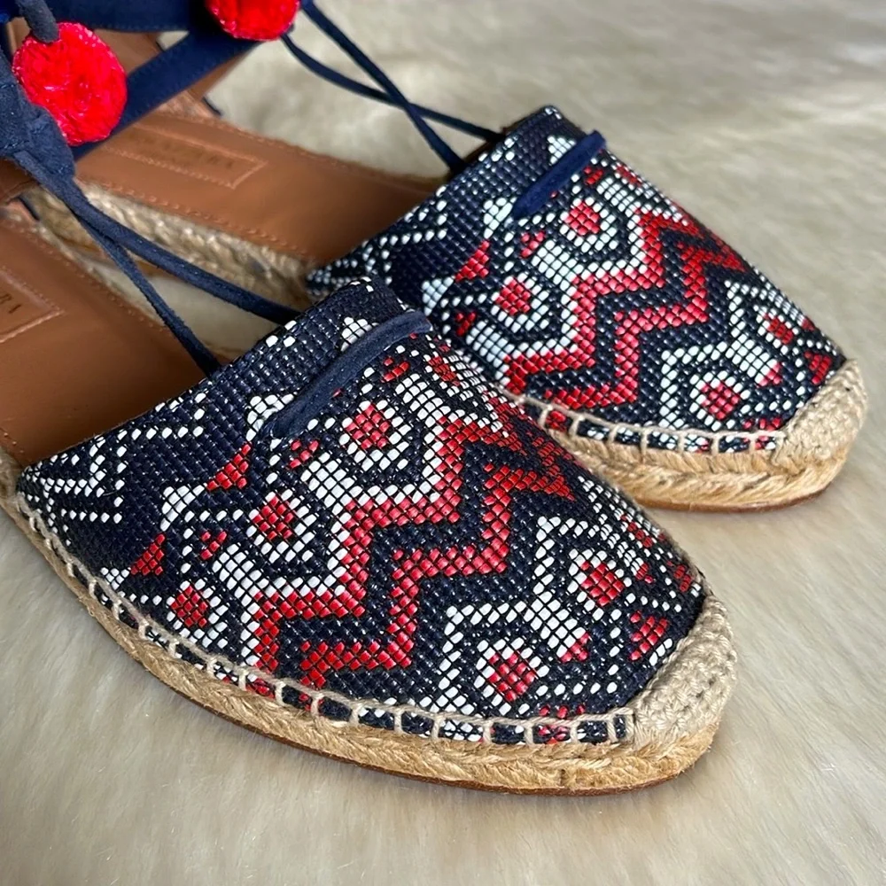 Aquazzura Firenze Belgravia Blue Suede Multicolored Textile Pom-Pom Espadrilles